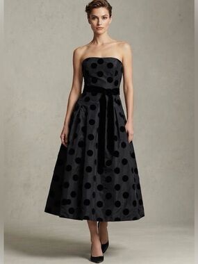 Heidi Weisel Vintage Strapless Black Velvet Polka Dot Midi Dress